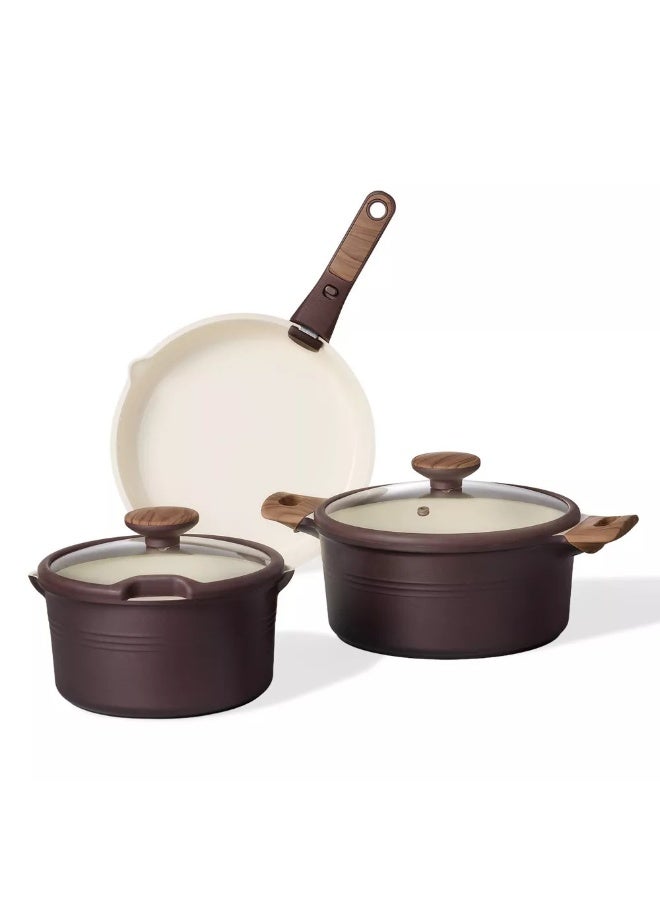 كاروت طقم أواني كاروت 24 قطع سيراميك غير لاصق بمقابض قابلة للفصل، خالٍ من PFAS لطهي صحي، تصميم قابل للتكديس مع فتحات صب، متوافق مع جميع المواقد وآمن لغسالة الصحون (شوكولاتة) - Image 4